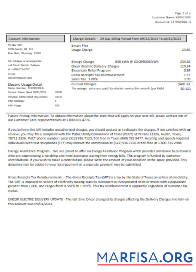 Realistic Wyoming High West Energy utility business bill, page 2, SCR real example